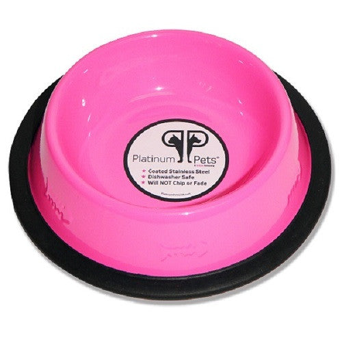 Platinum Pets Stainless Steel Embossed Non Tip Cat Bowl 8 oz Pink